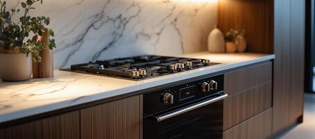 Modern kitchen with marble countertop and gas stove in a stylish home environment photo