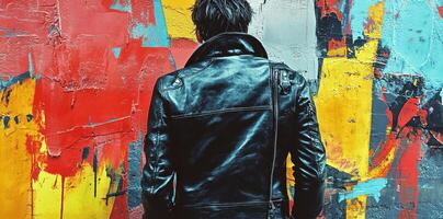 Man wearing leather jacket standing in front of colorful graffiti photo