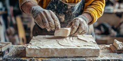 Hands are carefully placing a small stone on larger block photo