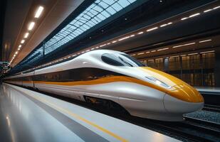 High-speed train arrives at modern railway station in Japan during the daytime photo