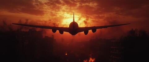 Airplane flying towards a dramatic sunset over a burning cityscape photo