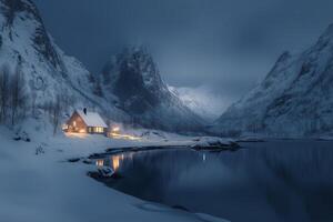 Snow-covered cabin by a tranquil lake under a night sky in a mountainous region photo