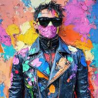 Man in leather jacket covered in colorful abstract paint splatters photo