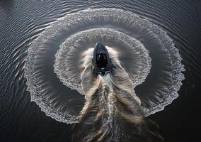Boat creating circular ripples in tranquil water during a sunny day photo
