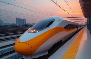 Modern high-speed train waiting at a station during sunset in an urban setting photo