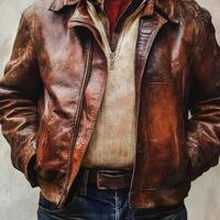 Man wearing brown leather jacket jeans and casual shirt photo