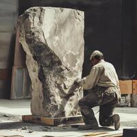 Sculptor meticulously shapes enormous rock in an indoor workspace photo