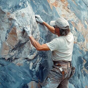 Man in gloves painting a large rock face artfully photo