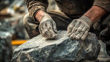 Hands with gloves examine a large rough grey rock photo