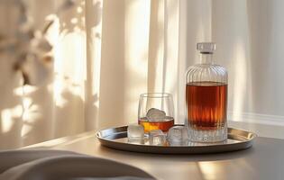 Elegant whiskey display on a tray with ice and soft afternoon light in a cozy setting photo