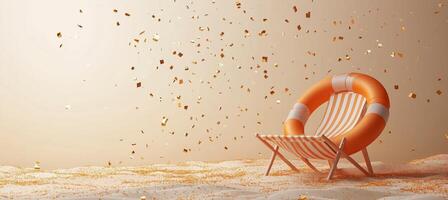 Relaxing beach chair with lifebuoy in a festive atmosphere with floating confetti photo