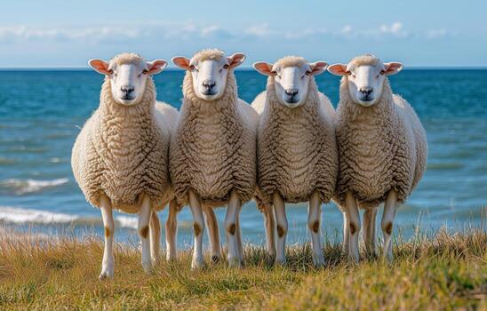 Four sheep standing together on a grassy shore overlooking the ocean during a sunny day photo