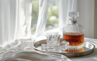 Elegant whiskey decanter set with ice and glass on a tray by the window in soft morning light photo