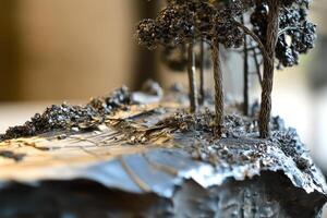Metallic wire sculpted miniature landscape with trees and rocky terrain photo