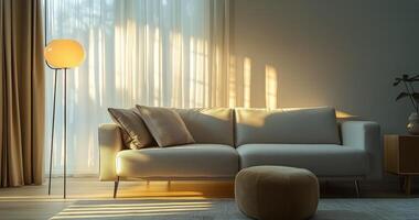 Soft sunlight filters through curtains in a modern living room with cozy couch and minimal decor photo