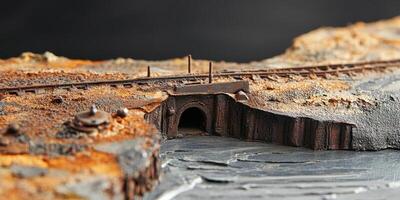 Miniature rusty train track runs above a dark tunnel entrance photo