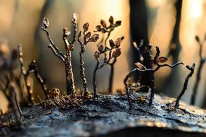Miniature metallic trees adorn a textured surface creating a small forest photo