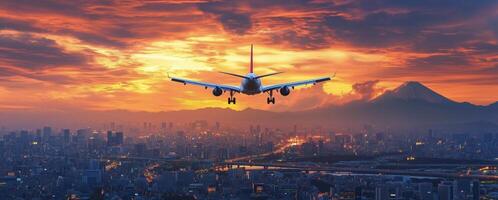 Airplane flying over city skyline during sunset with mountains in the background photo