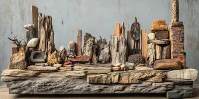 Assortment of natural materials artfully arranged to resemble cityscape photo