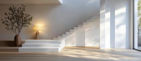 Elegant staircase in modern interior with natural lighting and minimalistic design elements photo