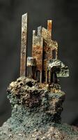 Miniature cityscape sculpture constructed from corroded metal fragments photo
