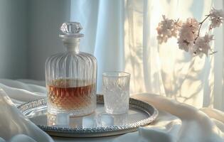 Elegant crystal decanter with whisky and glass on silver tray in soft morning light photo