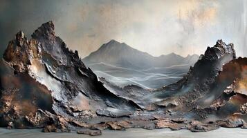 Striking metal landscape with distant mountains and abstract waves photo