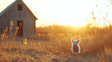 A pig is walking in a field at sunset photo