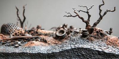 Apocalyptic landscape showing destruction with metallic debris and trees photo