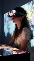 A woman wearing a virtual reality headset photo