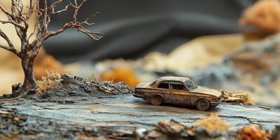 Miniature rusty car sits next to a bare tree landscape photo
