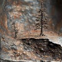 Miniature landscape features two metallic trees in a rocky setting photo