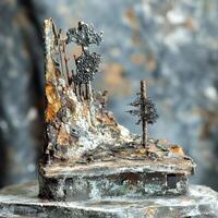 Miniature landscape sculpture crafted from aged metal and found objects photo