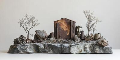Miniature desolate landscape with rusty building and barren trees photo
