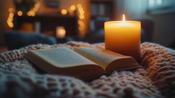 A candle and an open book on a blanket in front of a candle photo