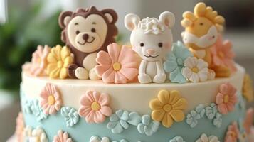 A cake with a lion, elephant, giraffe and other animals on it photo