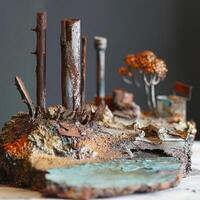 Miniature landscape showcasing metallic trees and aged structures on earth photo