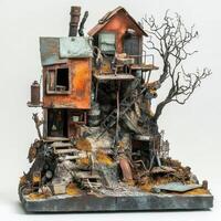 Intricate handmade model depicting a dilapidated and weathered multi story dwelling photo