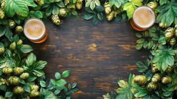 Two beers on a wooden table surrounded by green leaves photo
