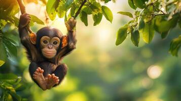 A baby chimpanzee hanging from a tree branch photo