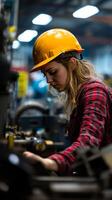 A woman in a hard hat working on machinery photo