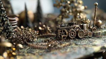 Intricate miniature world featuring a vintage steam powered vehicle photo
