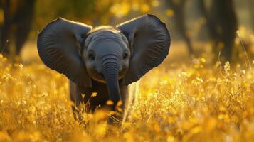 An elephant is walking through a field of yellow grass photo