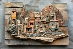 Wooden cityscape artwork depicting a clustered hillside village scene photo