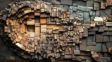 Abstract wooden art piece featuring a circular and square design photo