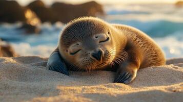 A baby seal laying on the sand by the ocean photo