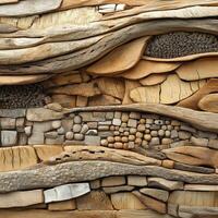 Intricate wall art made of wood stone and natural materials photo