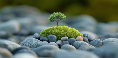 Small tree grows on mossy patch surrounded by smooth rocks photo