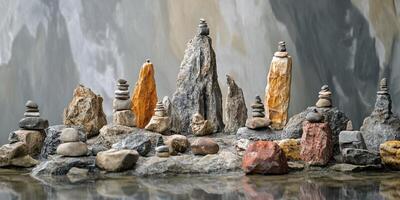 Stone cairns and natural rocks sit above a body of water photo