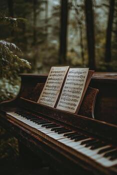 Melodic keys on a vintage piano with sheet music printed on the keys in a cozy music studio photo